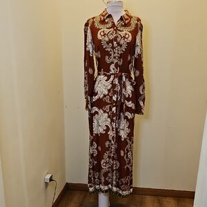 Vince Camuto Brown and Cream Paisley Long Sleeve Dress